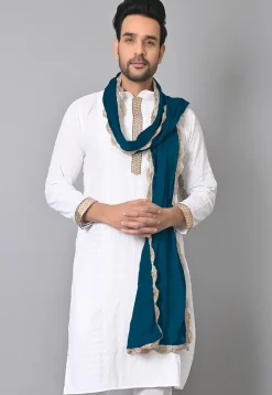 Lace Border Satin Men Dupatta in Teal Blue