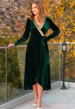Lace Border Velvet Asymmetric Dress in Dark Green