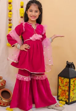 Lace Border Velvet Pakistani Suit in Fuchsia