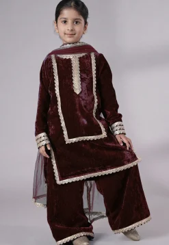 Lace Border Velvet Pakistani Suit in Wine