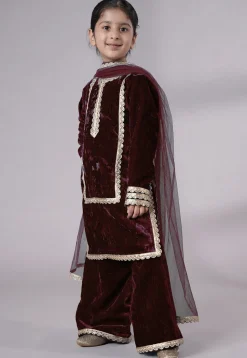 Lace Border Velvet Pakistani Suit in Wine