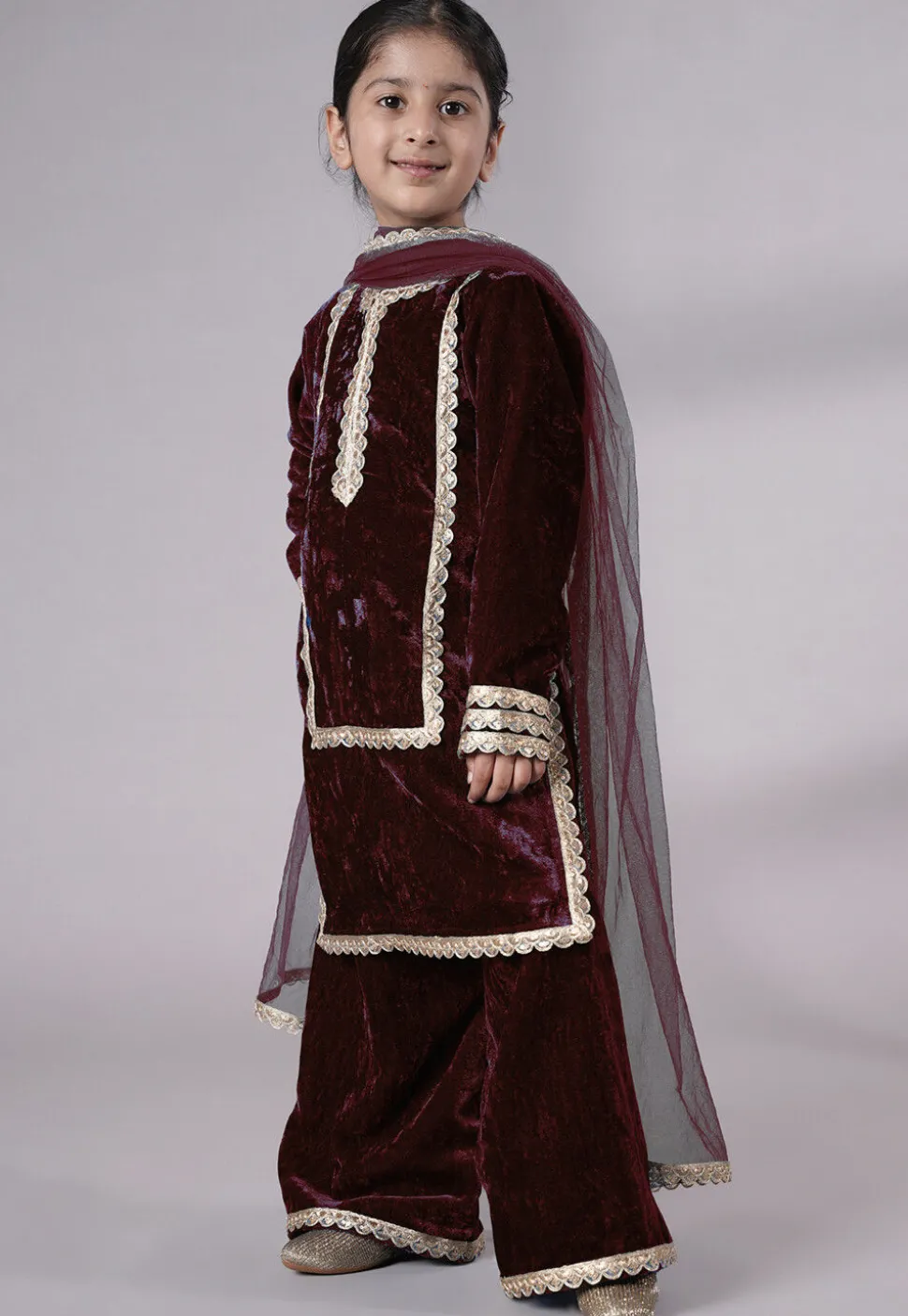 Lace Border Velvet Pakistani Suit in Wine