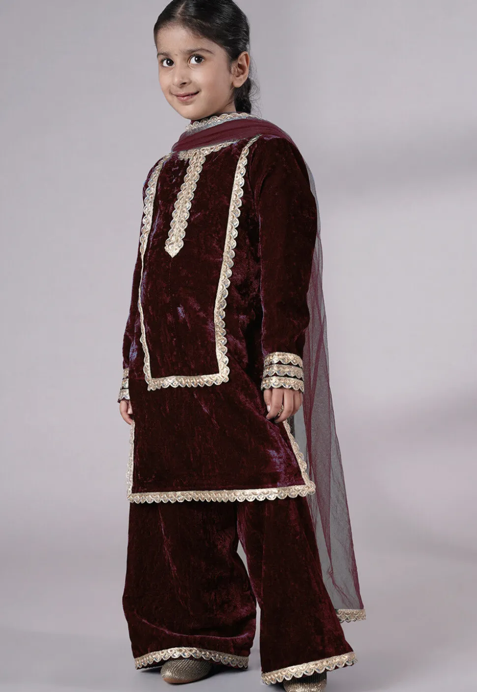 Lace Border Velvet Pakistani Suit in Wine
