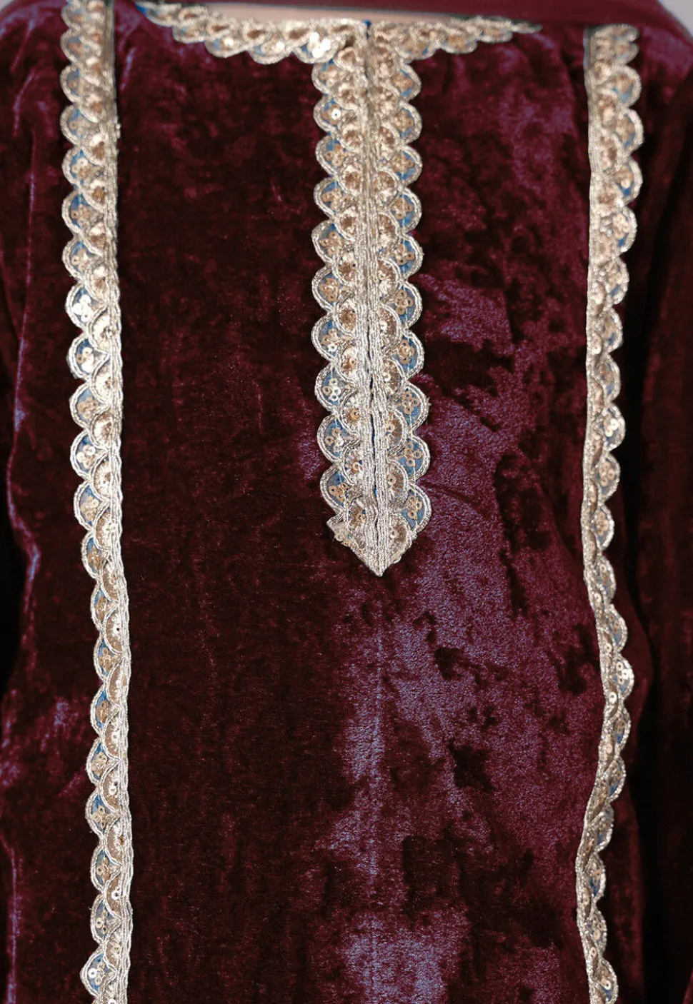 Lace Border Velvet Pakistani Suit in Wine