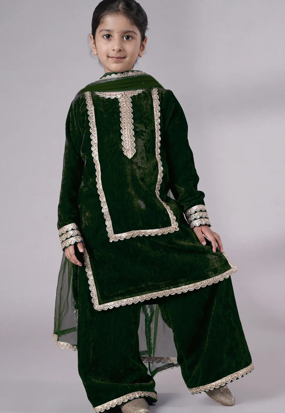 Lace Border Velvet Pakistani Suit in Dark Green