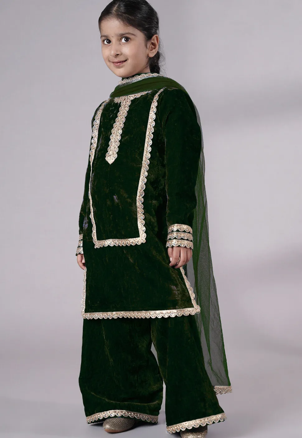 Lace Border Velvet Pakistani Suit in Dark Green