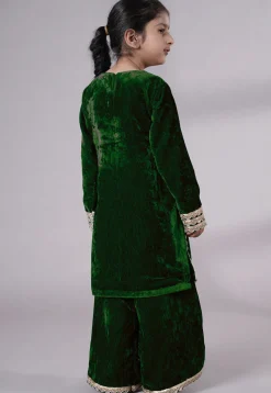 Lace Border Velvet Pakistani Suit in Dark Green
