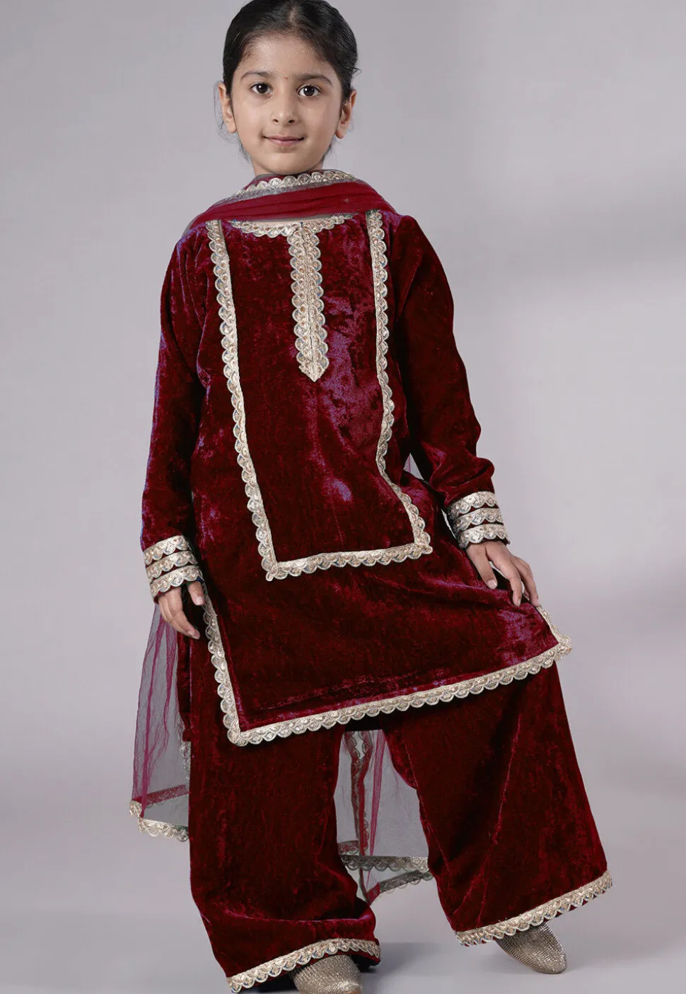 Lace Border Velvet Pakistani Suit in Maroon
