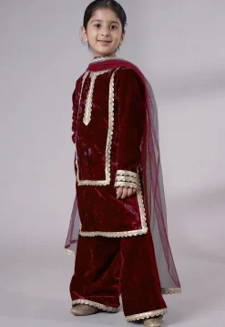 Lace Border Velvet Pakistani Suit in Maroon