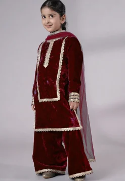 Lace Border Velvet Pakistani Suit in Maroon