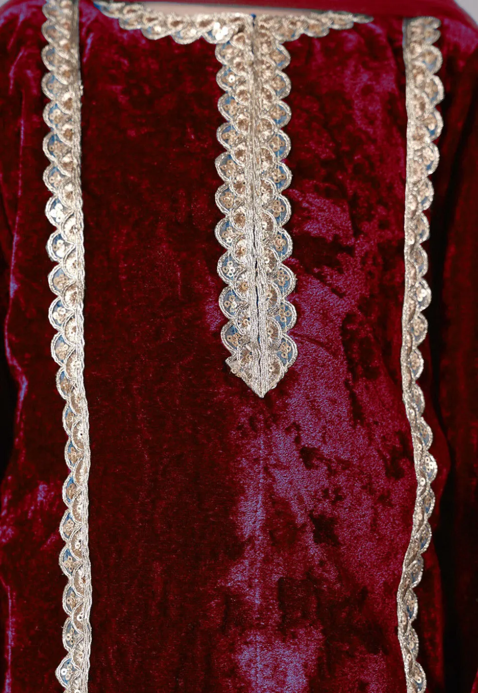 Lace Border Velvet Pakistani Suit in Maroon