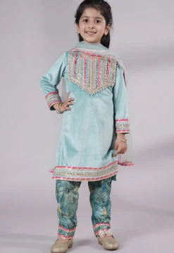Lace Border Velvet Pakistani Suit in Sky Blue