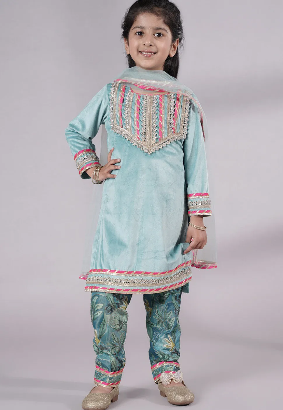 Lace Border Velvet Pakistani Suit in Sky Blue