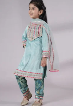 Lace Border Velvet Pakistani Suit in Sky Blue