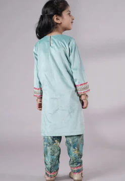 Lace Border Velvet Pakistani Suit in Sky Blue