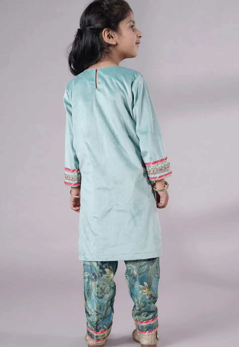 Lace Border Velvet Pakistani Suit in Sky Blue