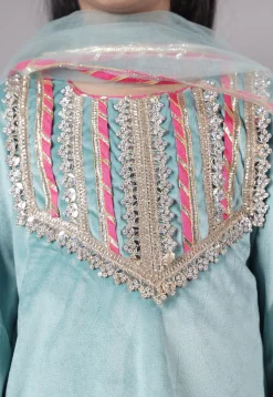 Lace Border Velvet Pakistani Suit in Sky Blue