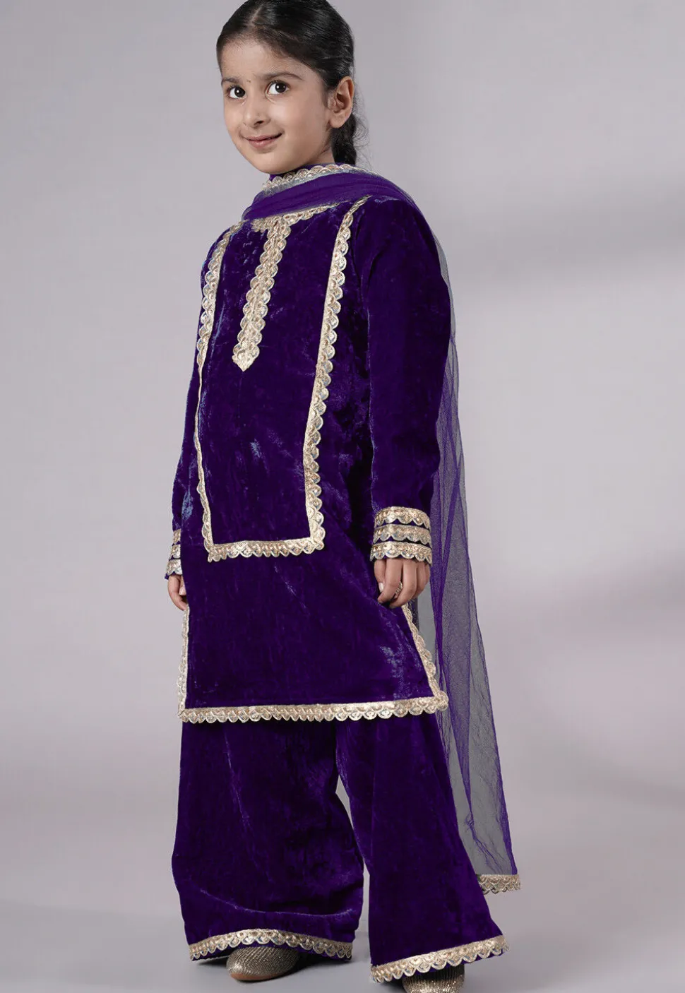 Lace Border Velvet Pakistani Suit in Purple