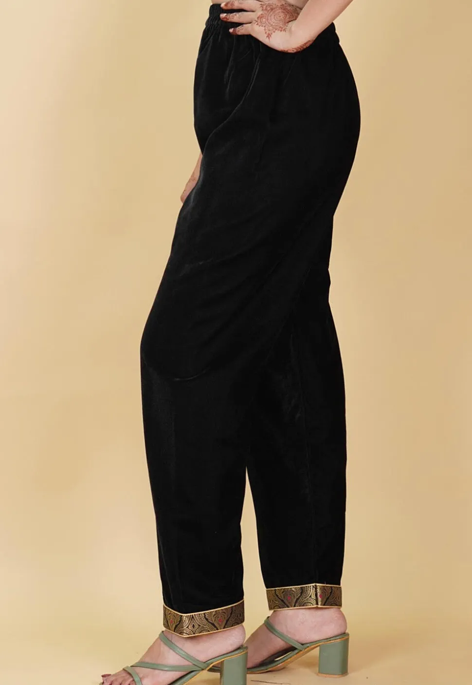 Lace Border Velvet Pant in Black