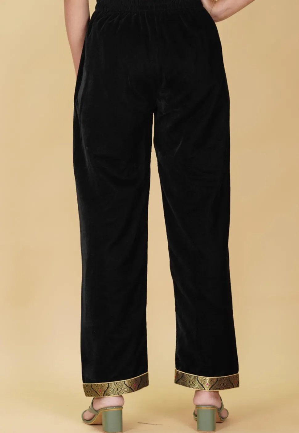 Lace Border Velvet Pant in Black