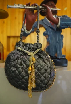 Lace Border Velvet Potli Bag in Dark Grey