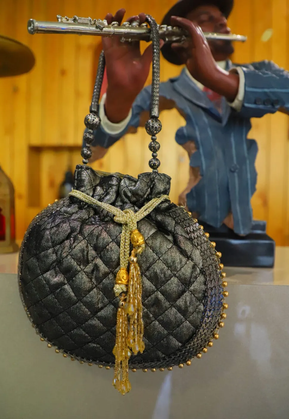 Lace Border Velvet Potli Bag in Dark Grey