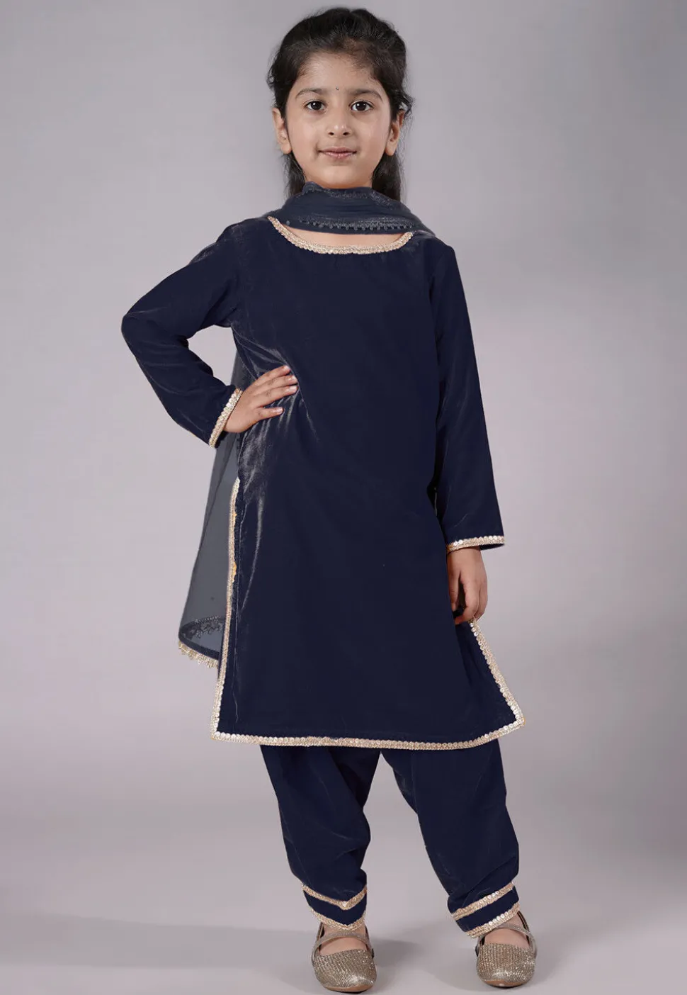 Lace Border Velvet Punjabi Suit in Navy Blue