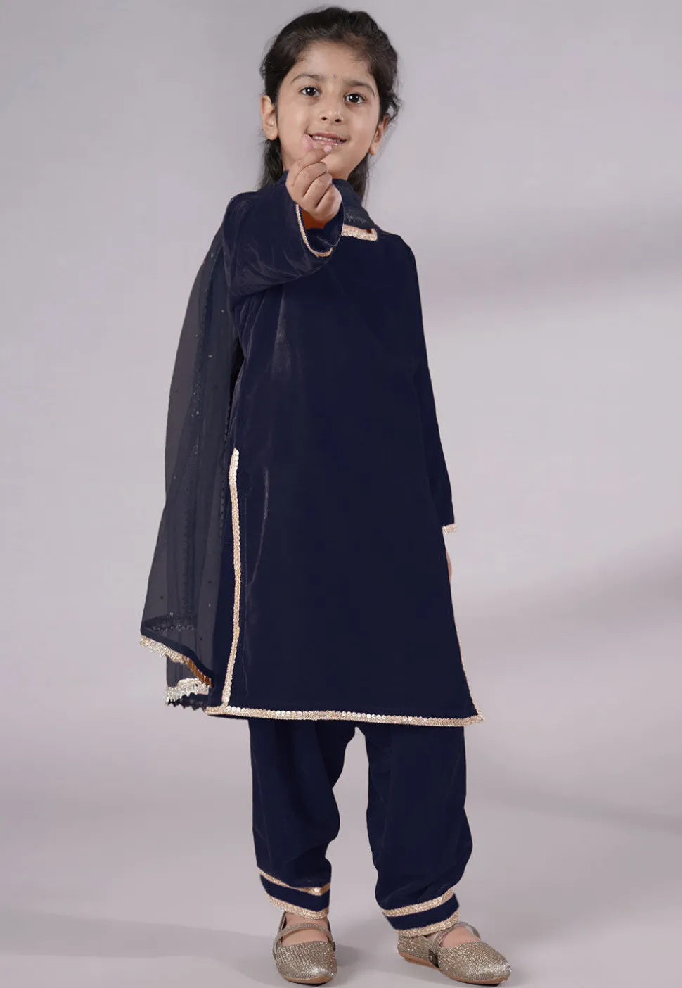 Lace Border Velvet Punjabi Suit in Navy Blue