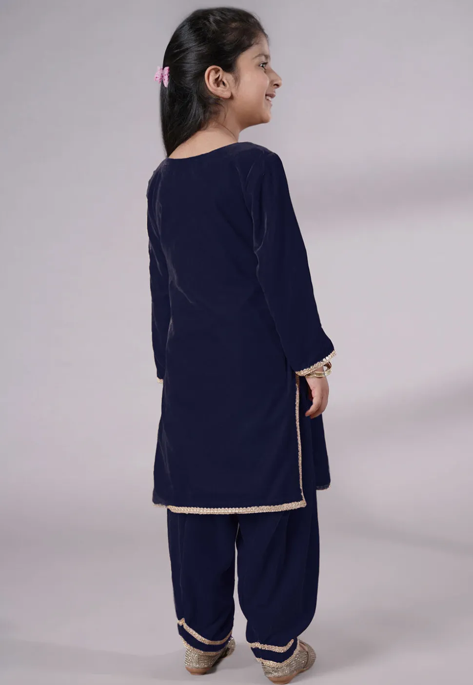 Lace Border Velvet Punjabi Suit in Navy Blue