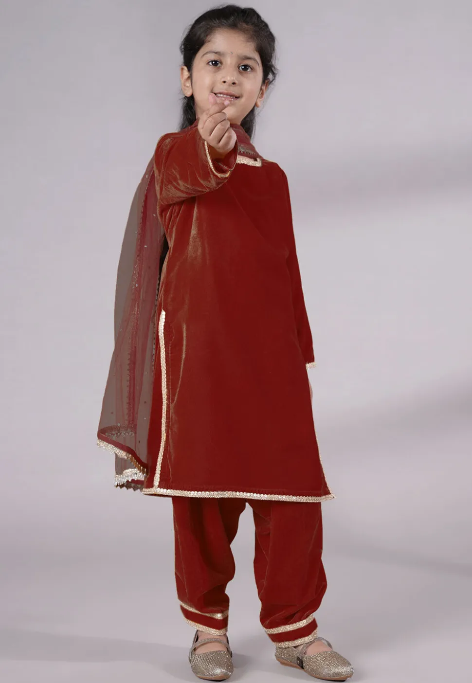 Lace Border Velvet Punjabi Suit in Maroon