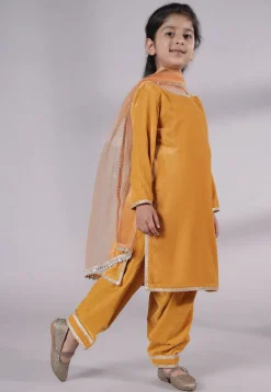 Lace Border Velvet Punjabi Suit in Mustard