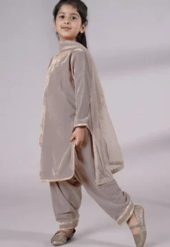 Lace Border Velvet Punjabi Suit in Grey