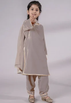 Lace Border Velvet Punjabi Suit in Grey