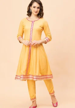 Lace Border Viscose Rayon Anarkali Suit in Yellow