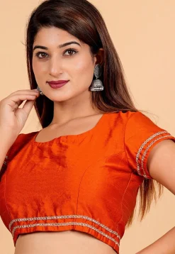 Lace Embellished Art Silk Blouse in Orange