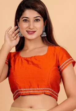 Lace Embellished Art Silk Blouse in Orange