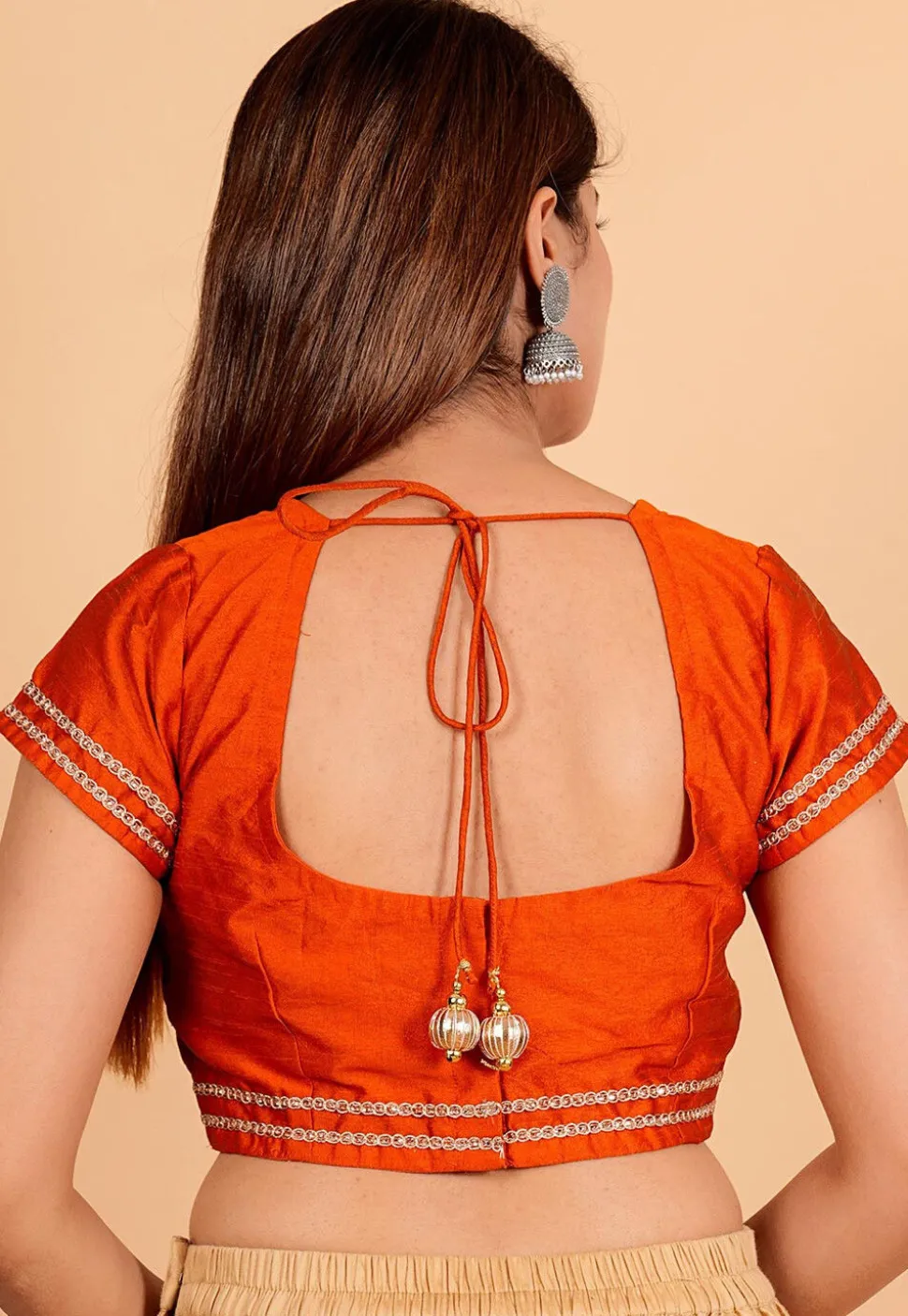 Lace Embellished Art Silk Blouse in Orange