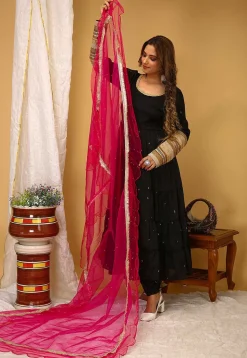 Lace Embellished Art Silk Aline Suit in Black