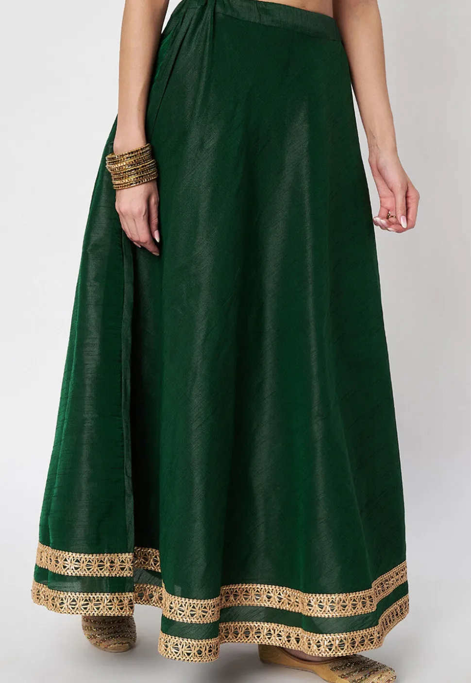 Lace Embellished Dupion Silk Skirt in Dark Green