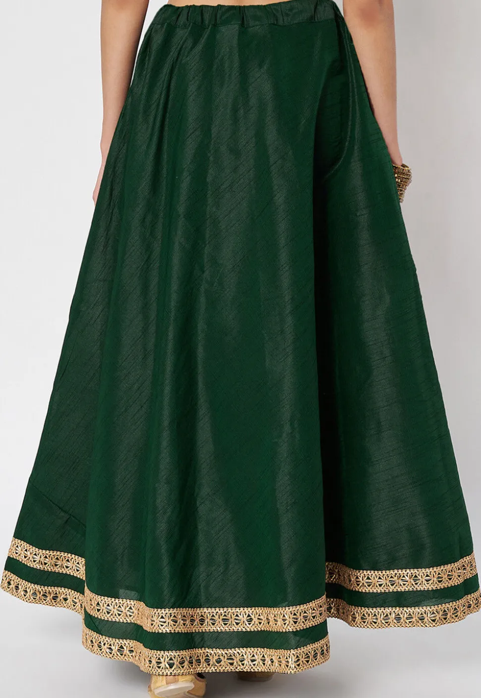 Lace Embellished Dupion Silk Skirt in Dark Green