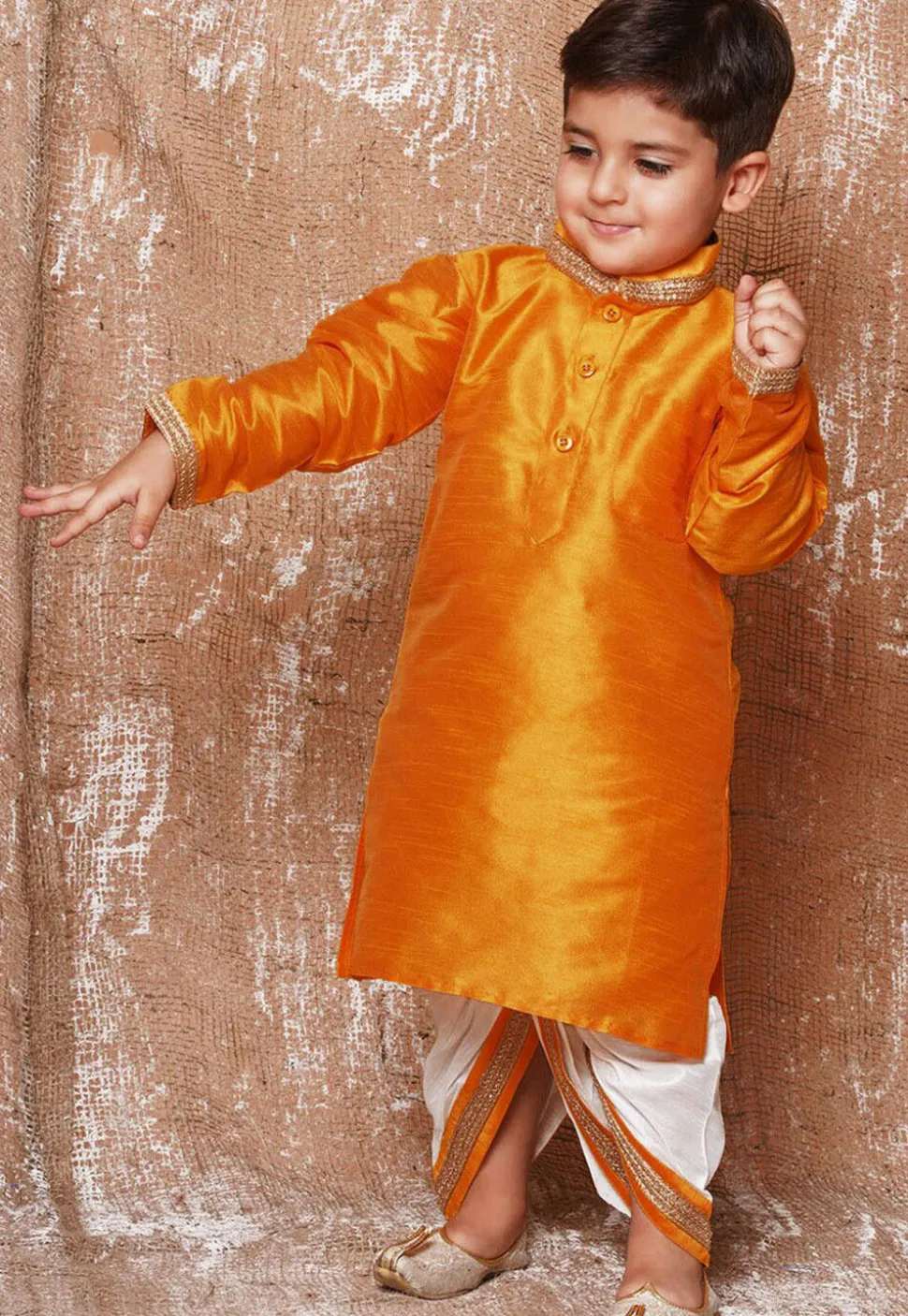Lace Embellished Dupion Silk Kurta Dhoti Set in Yellow
