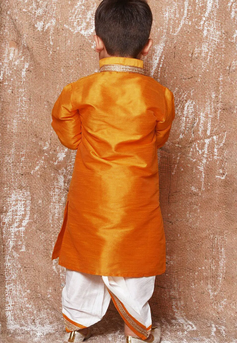 Lace Embellished Dupion Silk Kurta Dhoti Set in Yellow