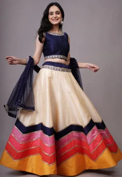 Lace Embellished Dupion Silk Lehenga in Multicolor