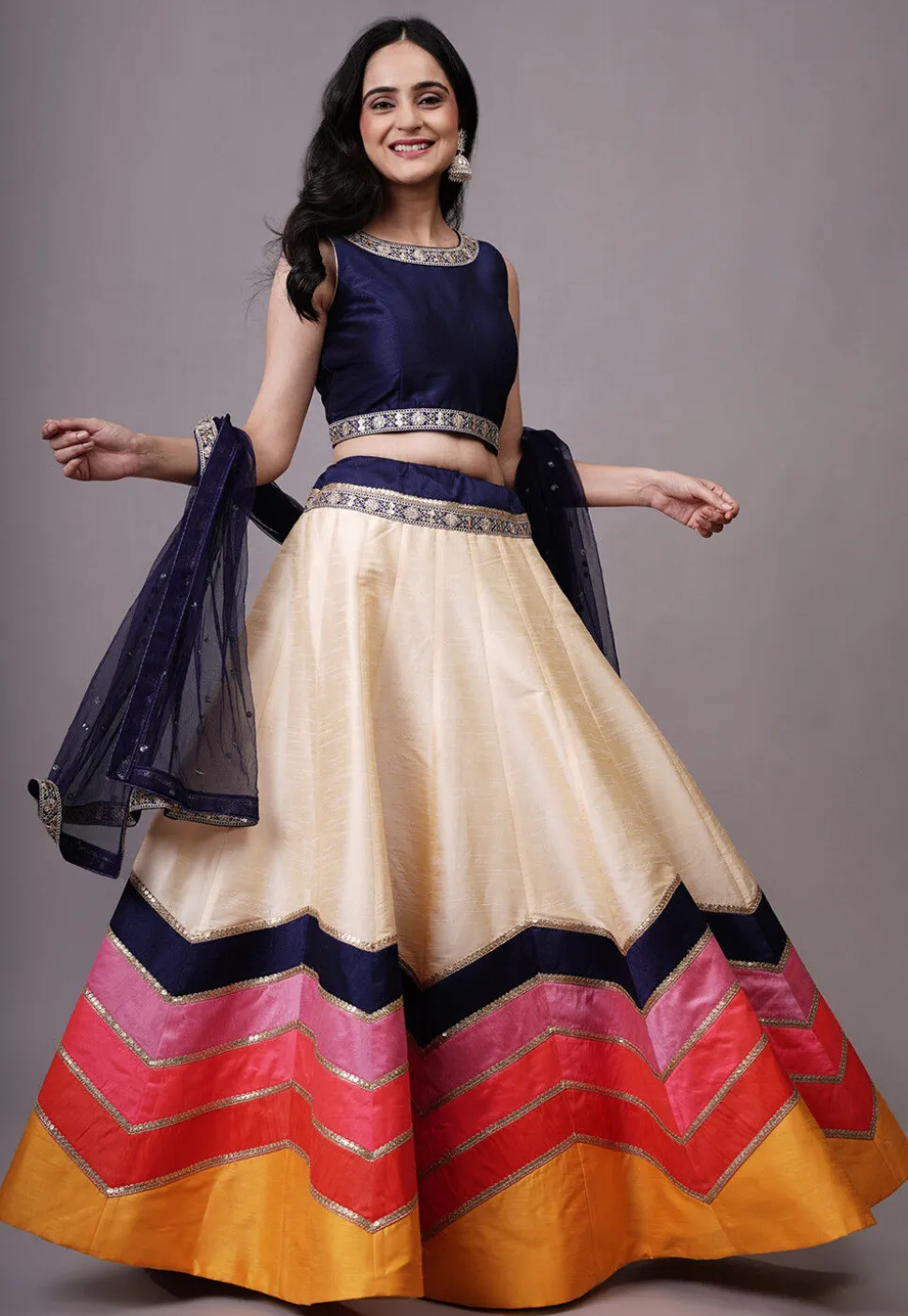 Lace Embellished Dupion Silk Lehenga in Multicolor
