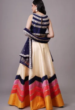 Lace Embellished Dupion Silk Lehenga in Multicolor