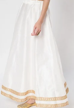 Lace Embellished Dupion Silk Skirt in White