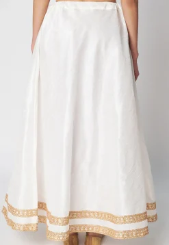 Lace Embellished Dupion Silk Skirt in White