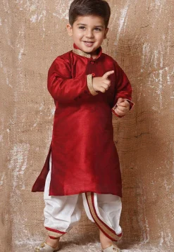 Lace Embellished Dupion Silk Kurta Dhoti Set in Maroon