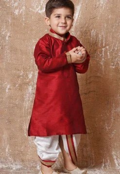 Lace Embellished Dupion Silk Kurta Dhoti Set in Maroon
