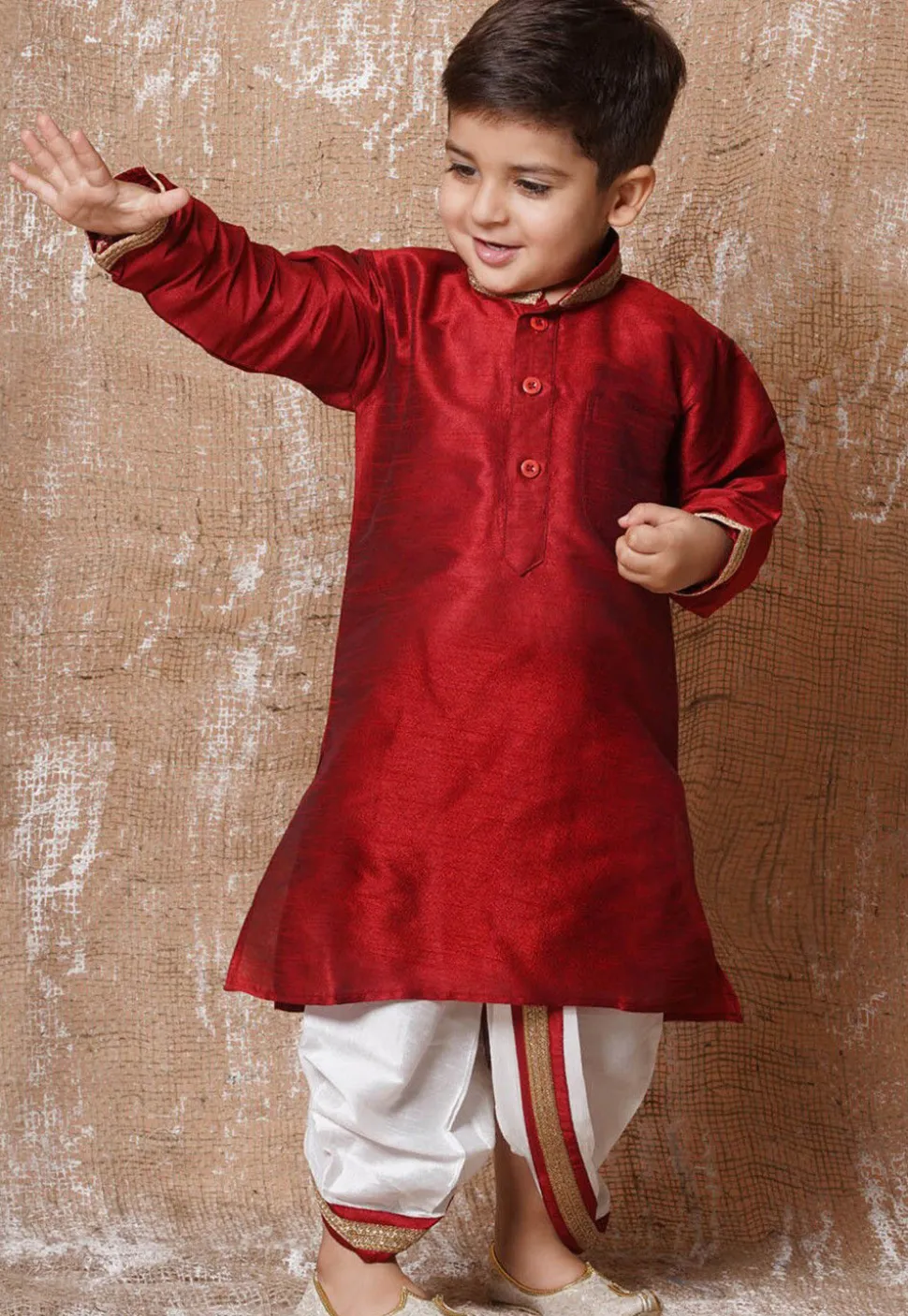 Lace Embellished Dupion Silk Kurta Dhoti Set in Maroon